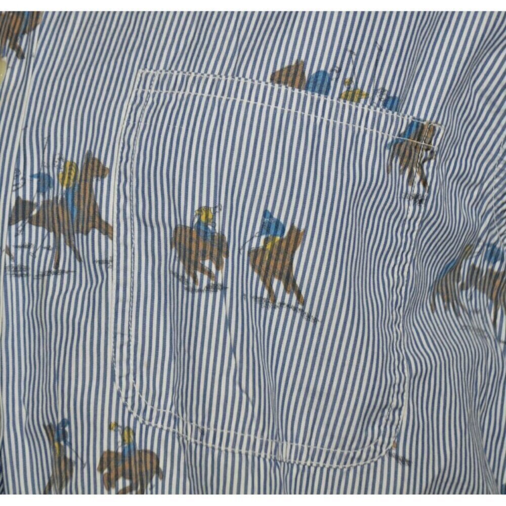 Vintage Rare Ladies 10 British Khaki Blue Pinstripe Button Down Shirt Polo Horse - Picture 4 of 9